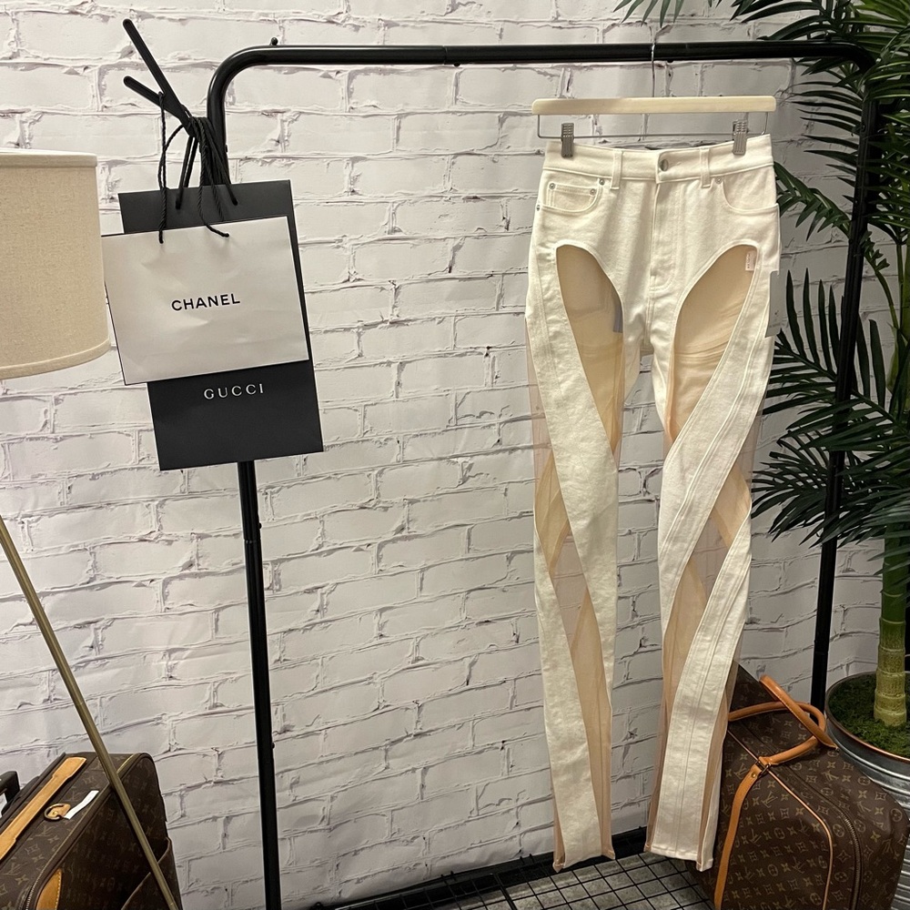 Mugler Sheer Tulle Spiral Jeans Ivory/Nude